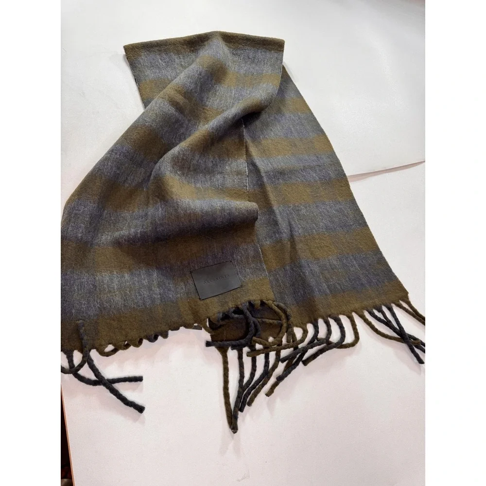 AllSaints Rilas Strk Brushed Check Scarf Mens One Size Green Plaid Fringe